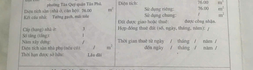 Bán nhà MT Đô Đóc Long. Diện tích: 4mX19m. Cấp 4.